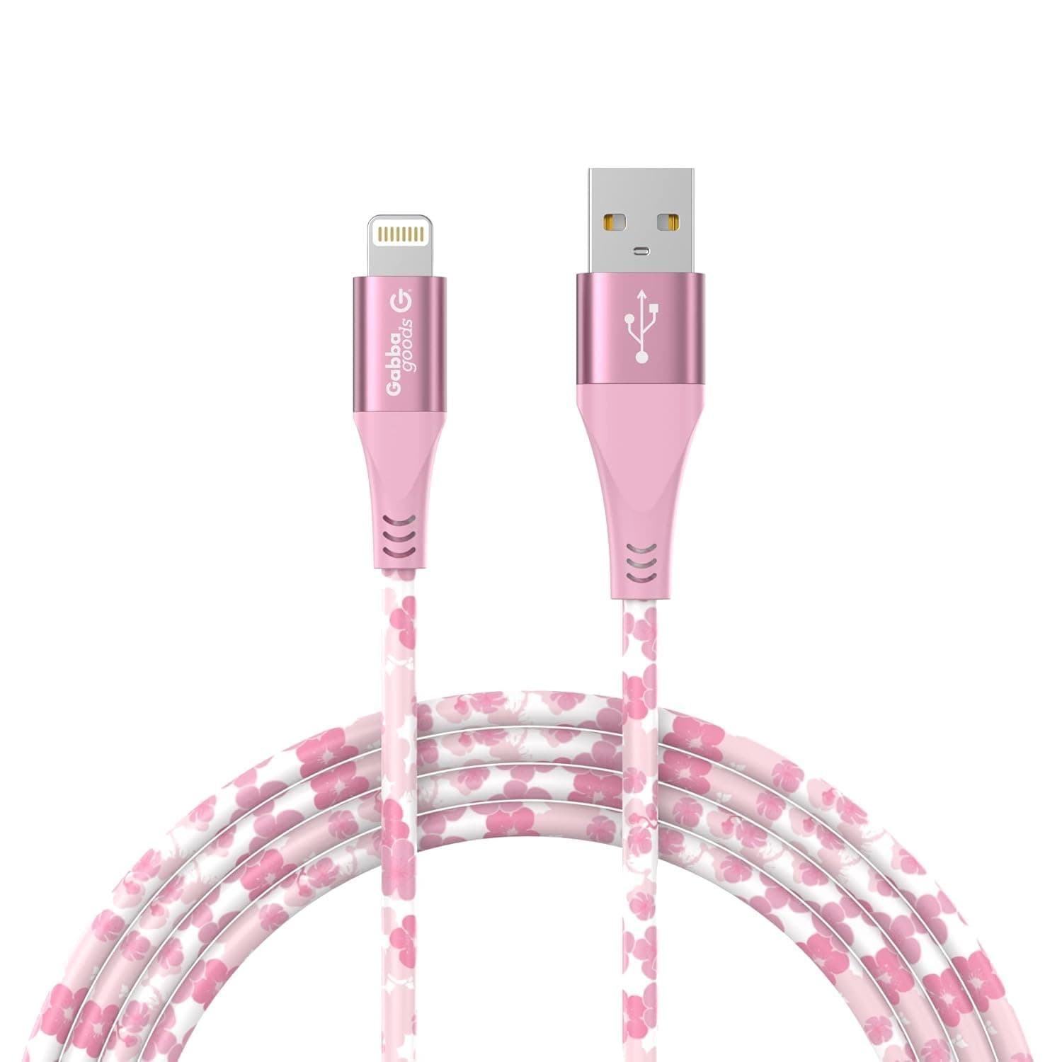 Gabba Goods 10FT Lightning Sync & Charge Cable- Cherry Blossom MFi Certified USB Charging Cable High Speed Data Sync Transfer Cord Compatible with iPhone 13/12/11 Pro Max/XS MAX/XR/XS/X/8/7/Plus/6S