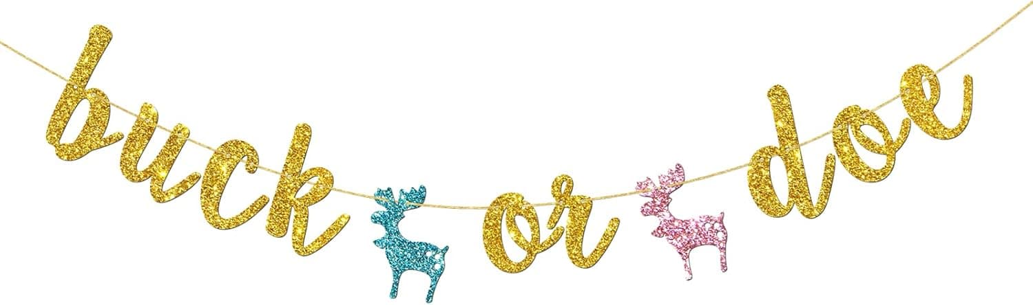 Buck or Doe Banner - Gold Glitter Boy or Girl Baby Shower Bunting - Gender Reveal Party Decorations Supplies