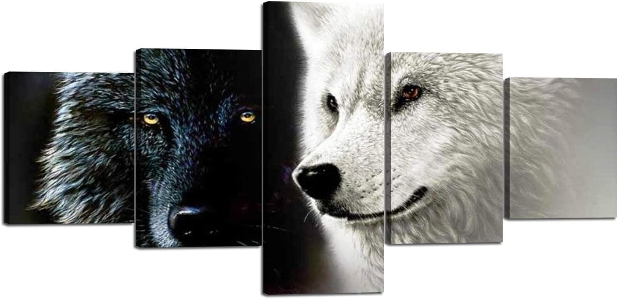 Yatsen Bridge 5 Panels Modern Black and White Wall Art Painting Two Wolves Painting Prints on Canvas Artwork Prints and Posters for Living Room Bedroom Decoration Framed Ready to Hang - 70''W x 40''H