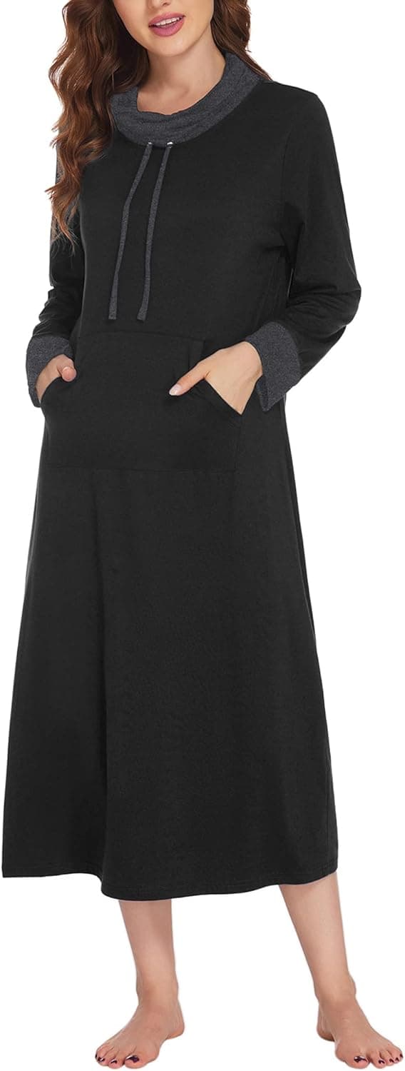 Evanhome Long Nightgown Womens Cowl Neck Loungewear Long Sleeve Sleepwear Full Length Sleep Shirt with Pockets