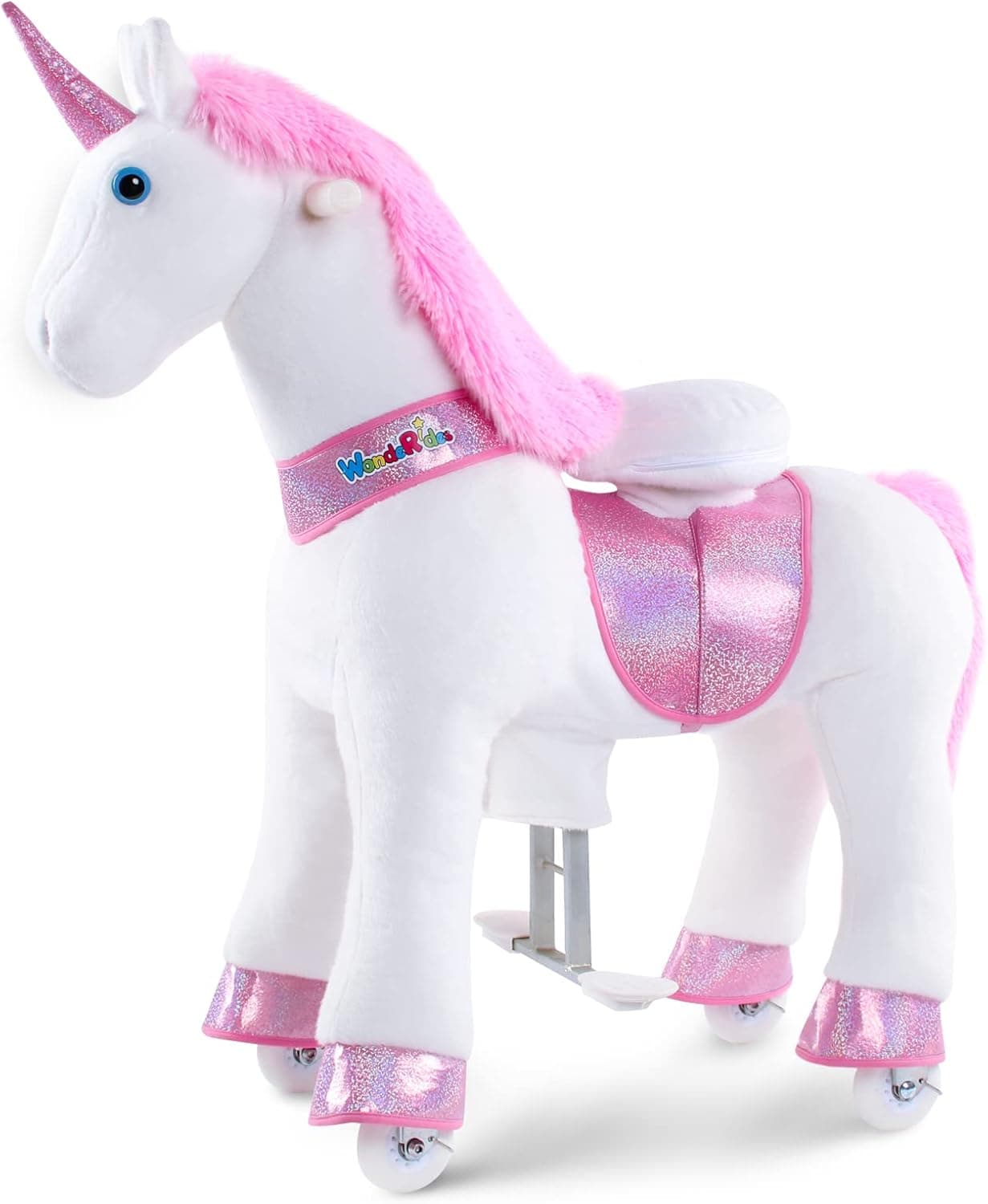WondeRides Ride on Pink Unicorn Horse Toy (Medium Size 4, Height 36 Inch), Riding Horse Pony Walking Rocking Plush Animal as Birthday Gifts for Children for 4-9 Years Old.