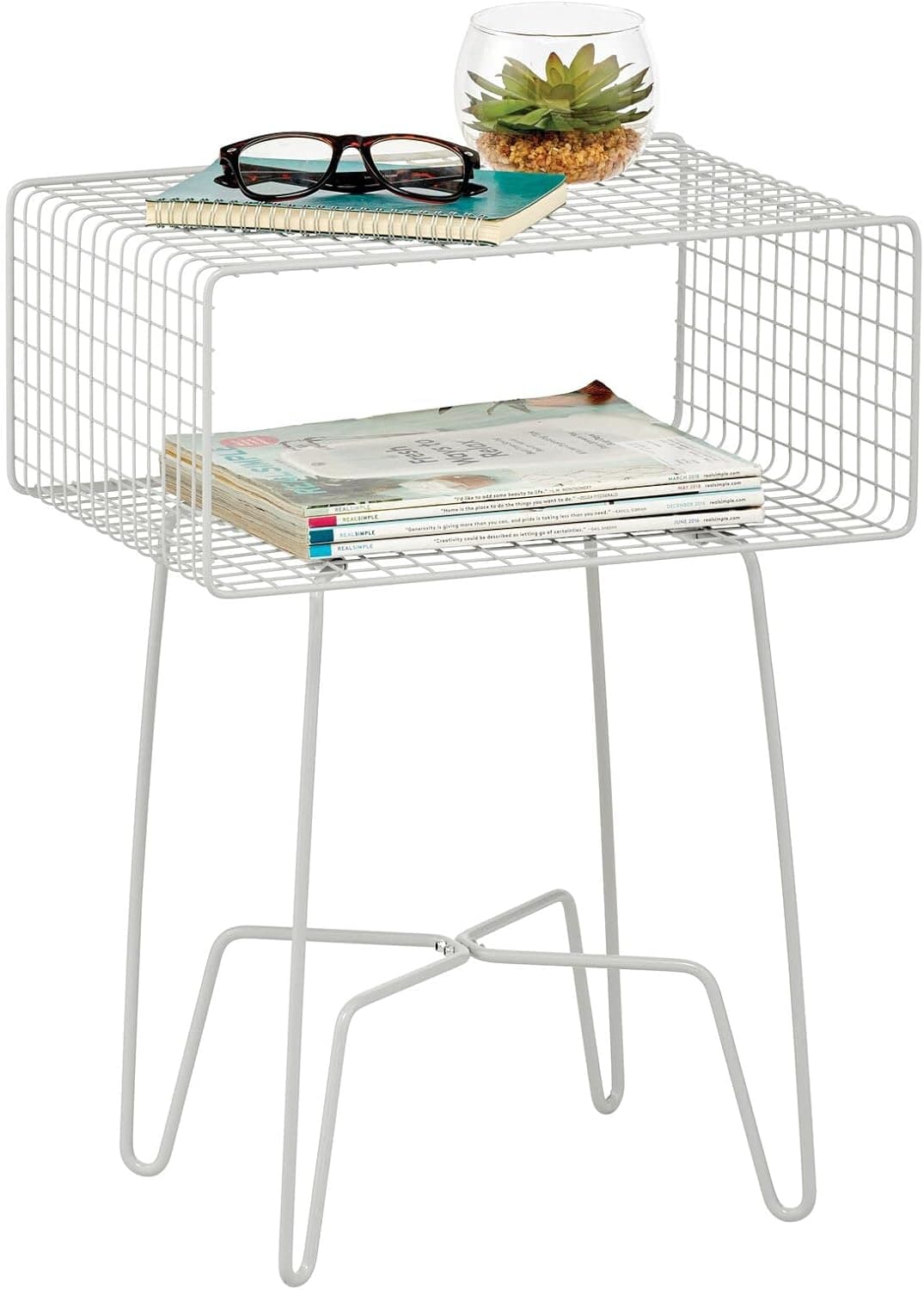 mDesign Modern Industrial Side Table with Storage Shelf, 2-Tier Metal Minimal End Table, Metallic Caged Grid - Accent Furniture for Living Room, Bedroom, Office, Dorm, Concerto Collection, Stone Gray