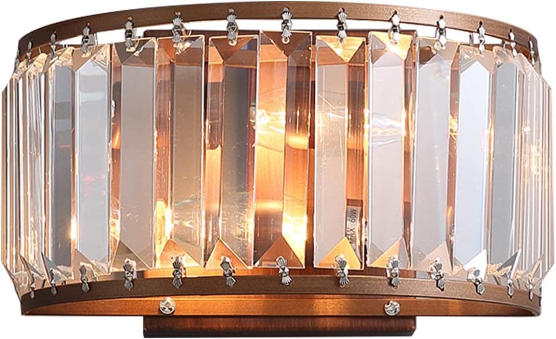 Siljoy Semicircle Clear Crystal Wall Sconce, Modern Wall Mount Light Brown Metal Wall Lamps Fixture Night Lamp for Hallway Bedside Living Room, 2 Light, L9.5 x H5.5