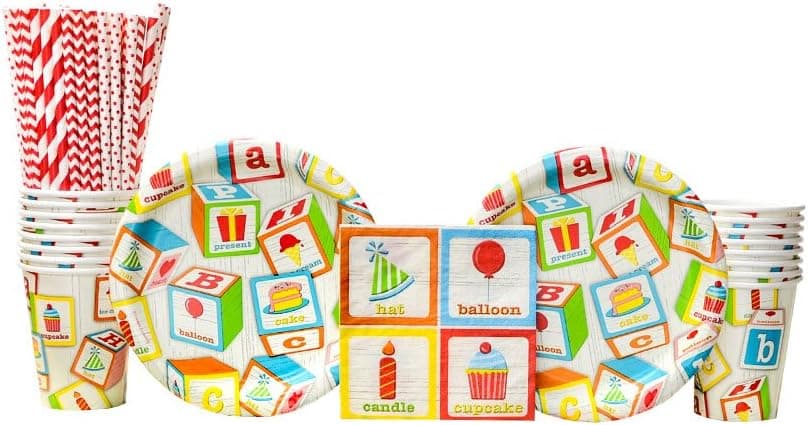 ABC Blocks Birthday Party Supplies Pack for 16 Guests | 24 Paper Straws, 16 Dessert Plates, 16 Beverage Napkins, and 16 Cups | Alphabet Blocks Birthday Decoration Kit for Children's Birthday Party