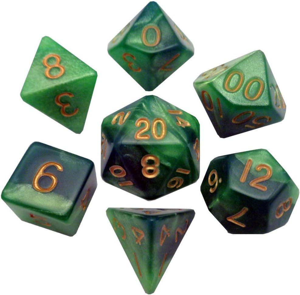 Green/Light Green with Gold Numbers 16mm Polyhedral Dice Set