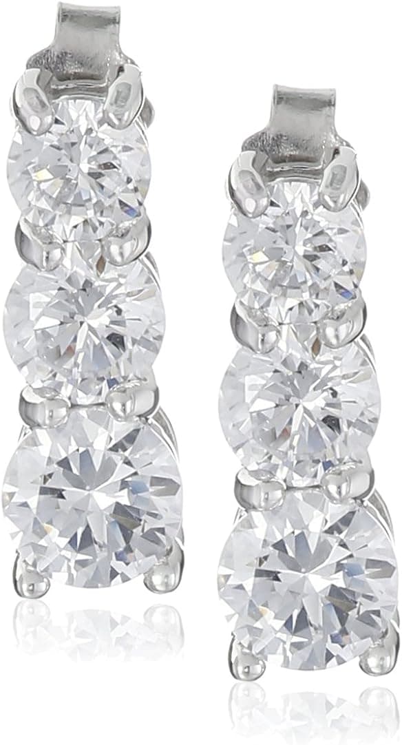 Amazon Collection Three Stone Cubic Zirconia Sterling Silver Drop Earrings