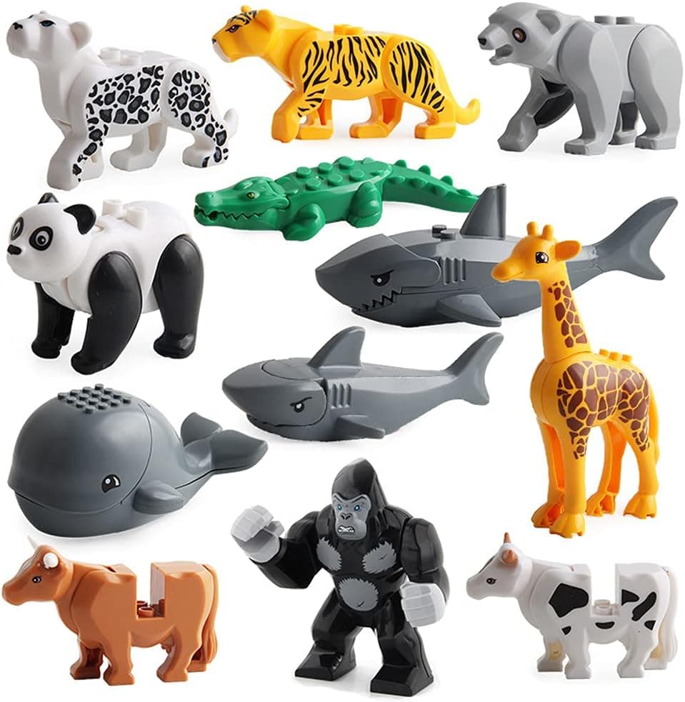 RCOMG 12 PCS Animals Building Blocks Toy Zoo Safari Jungle Model Figures with Shark Bear Giraffe Whale Panda Orangutan Crocodile Leopard, Accessories Bricks Compatible with Major Brand