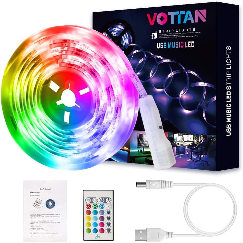 VOTTAN Led Lights Strip Waterproof 2m 5050 RGB LED Strips, Flexible Color IR Remote Strip Lights for Bedroom, Camping, Car, Golf Cart, DIY Decoration (6.6ft)