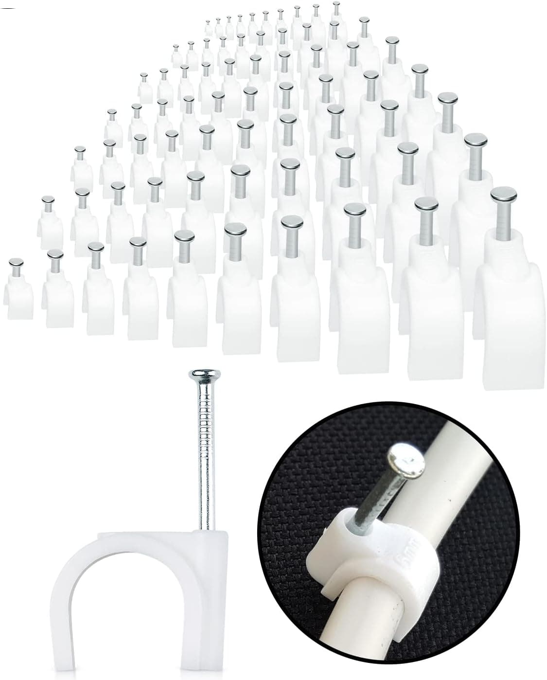 100-Pack Mini Round Cable Clips- Computer Cable Management Clips for Appliances, Ethernet, Coaxial Cable & Extension Cords - Mini Wire Nail Clips for Wood, Brick, Cement, Indoor and Ourdoor Walls