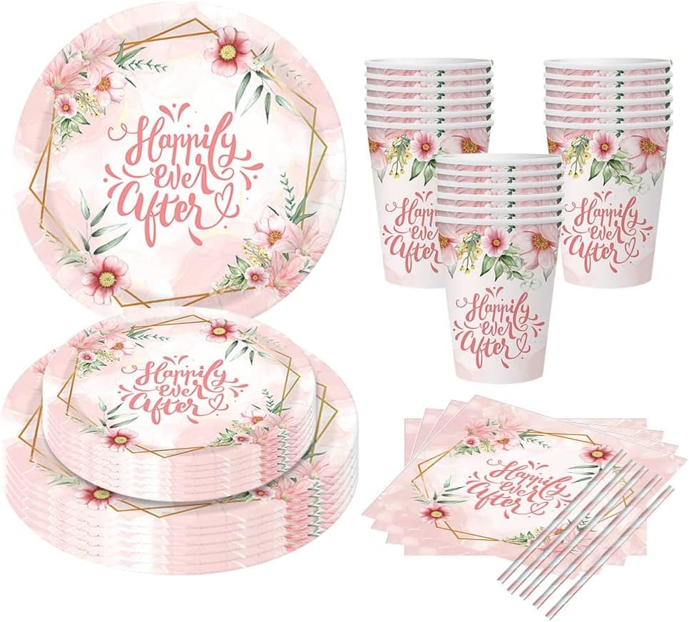 Antsparty Engagement Party Supplies, Happily Ever After Plates Cups Napkins Straws for Wedding Bridal Shower Bachelorette Party Decorations