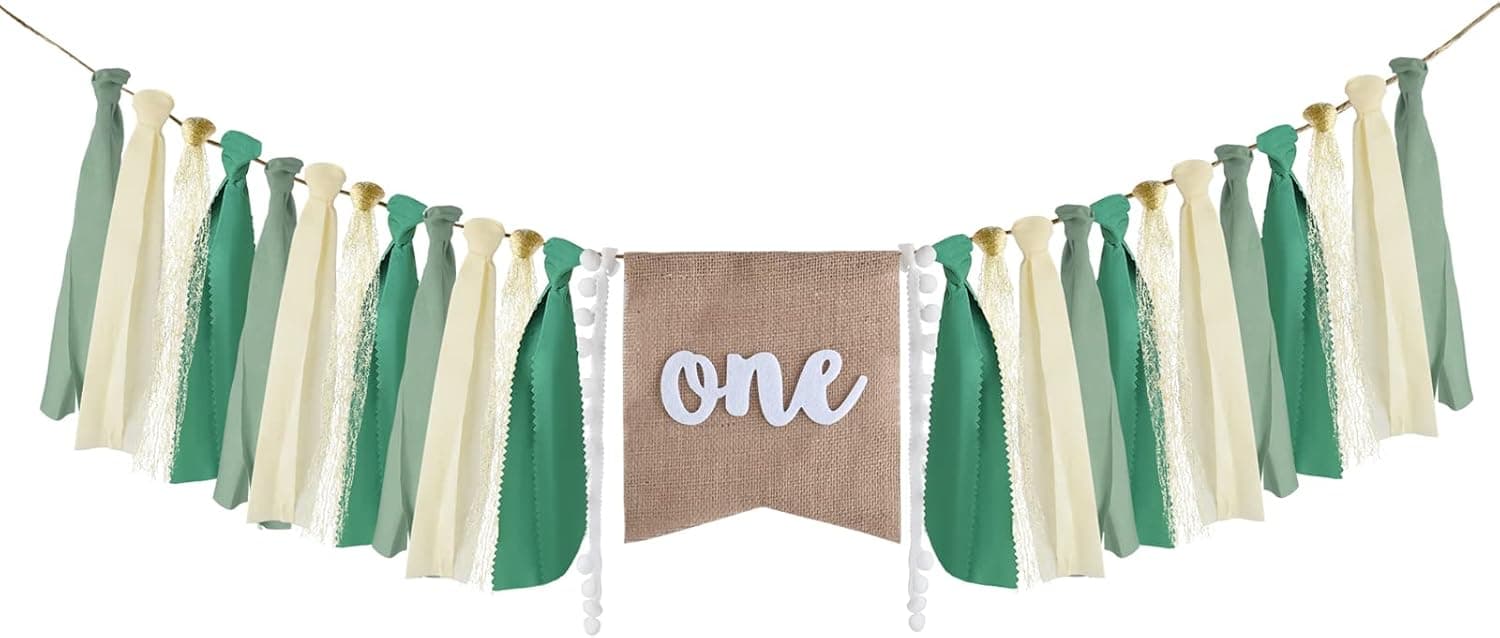 MIAHART Highchair Banner Green 1st Birthday Banner Baby Boy Birthday Decoration Burlap Banner for Baby Birthday Party