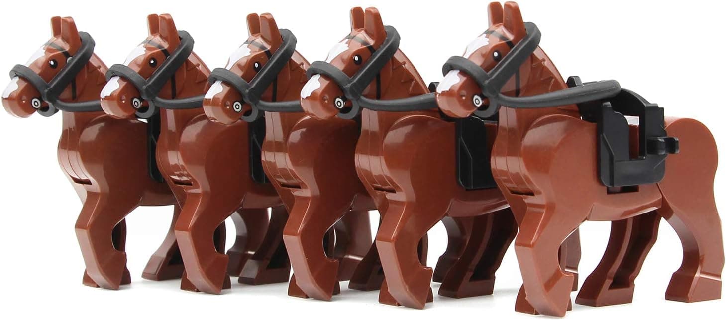 Feleph Brown War Horses Set Animals Building Block Toys Ranch Farm Medieval Knight Accessories Compatible with Major Brands(5 PCS)