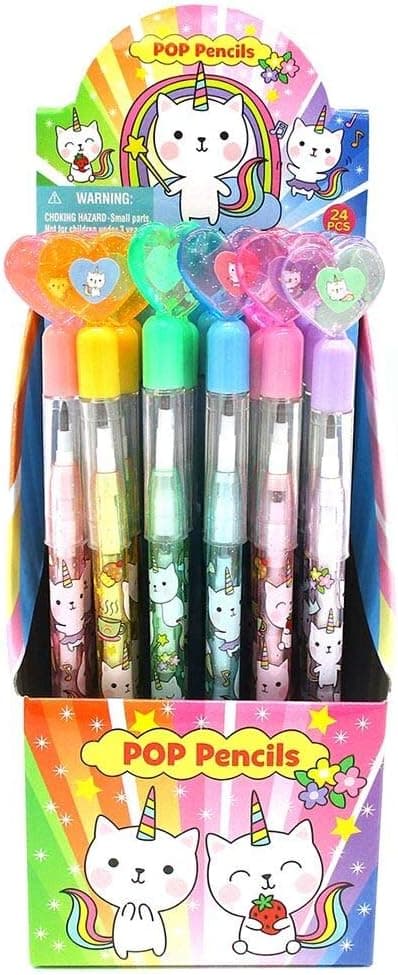 Tiny Mills 24 Pcs Unicorn Kitty Multi Point Stackable Push Pencil with Eraser for Kitty Unicorn Caticorn Birthday Party Favor Prize Carnival Goodie Bag Stuffers Classroom Rewards Pinata Fillers