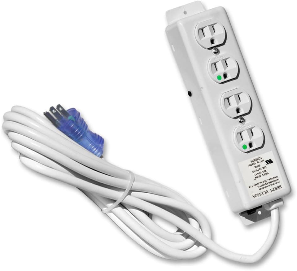 4 Outlet Hospital Grade Power Strip - 15ft Cord - Medical Use UL 1363A Compliant-Tamper Resistant Outlets