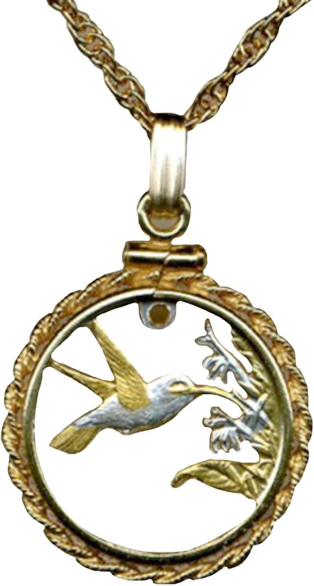 Trinidad & Tobago 1 Cent Hummingbird Two Tone Coin Cut Out Pendant with 18" Chain and Rope Bezel