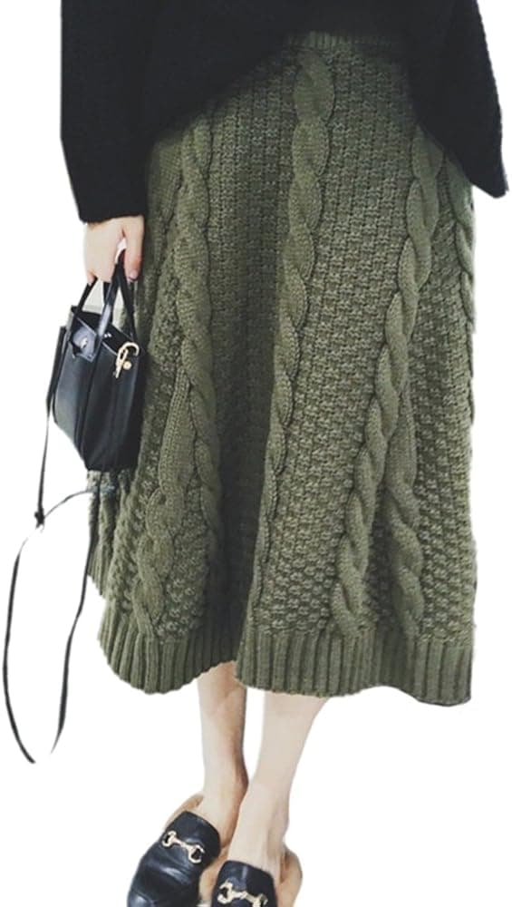 JCNCE Warm Knit Skirt Autumn Winter Knitted Skirt Korean Style Army Green Women Skirt Thick Long Skirt