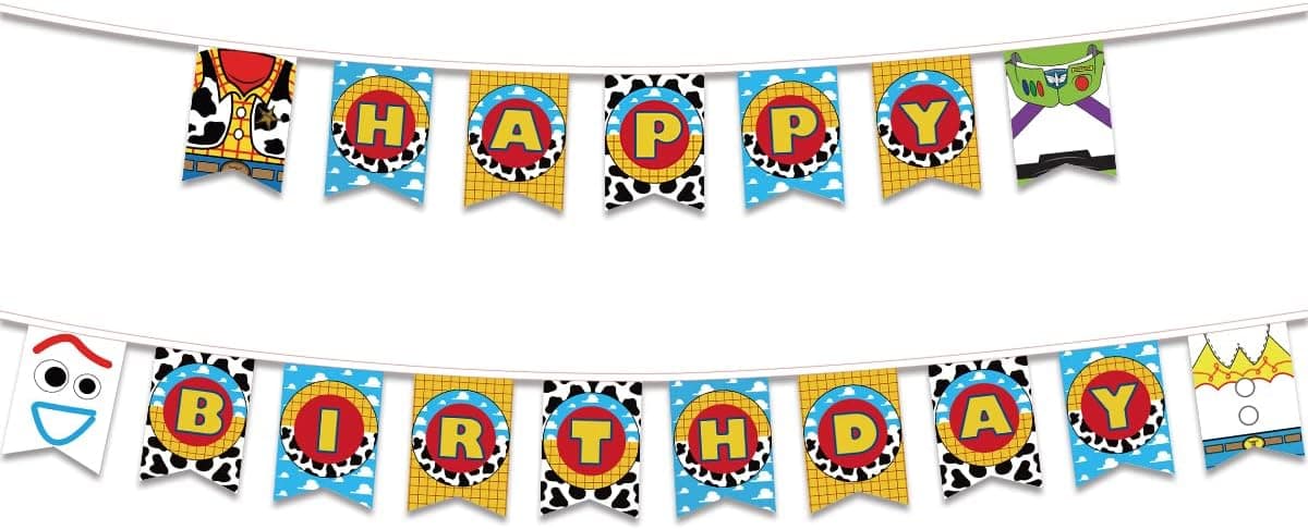 Toy Theme Story Happy Birthday Banner for Kids Adults Toy Inspired Story Banner for Birthday Party Decorations and Supplies Blue Sky White Clouds Backdrop Bunting Banner for Indoor Outdoor Decors