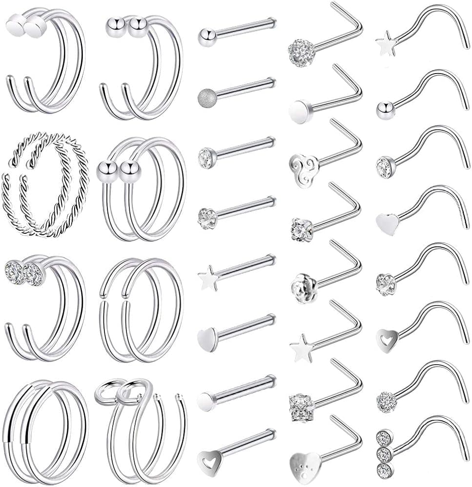 ONESING 40-70 PCS 20G Nose Rings for Women Nose Piercings Jewelry Gold Nose Rings Hoops L Shape Nose Rings Studs Screw 316L Surgical Stainless Steel Nose Rings for Men Women