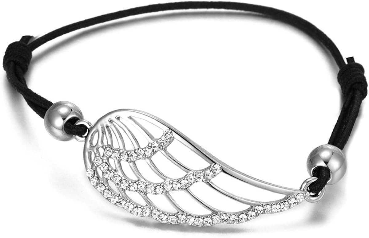 YOYOMA Women's Stretch Bracelet,Charm Angel Wings Bracelet Adjustable Black Cord Cuff Bracelet with Crystal (Silver Plated)