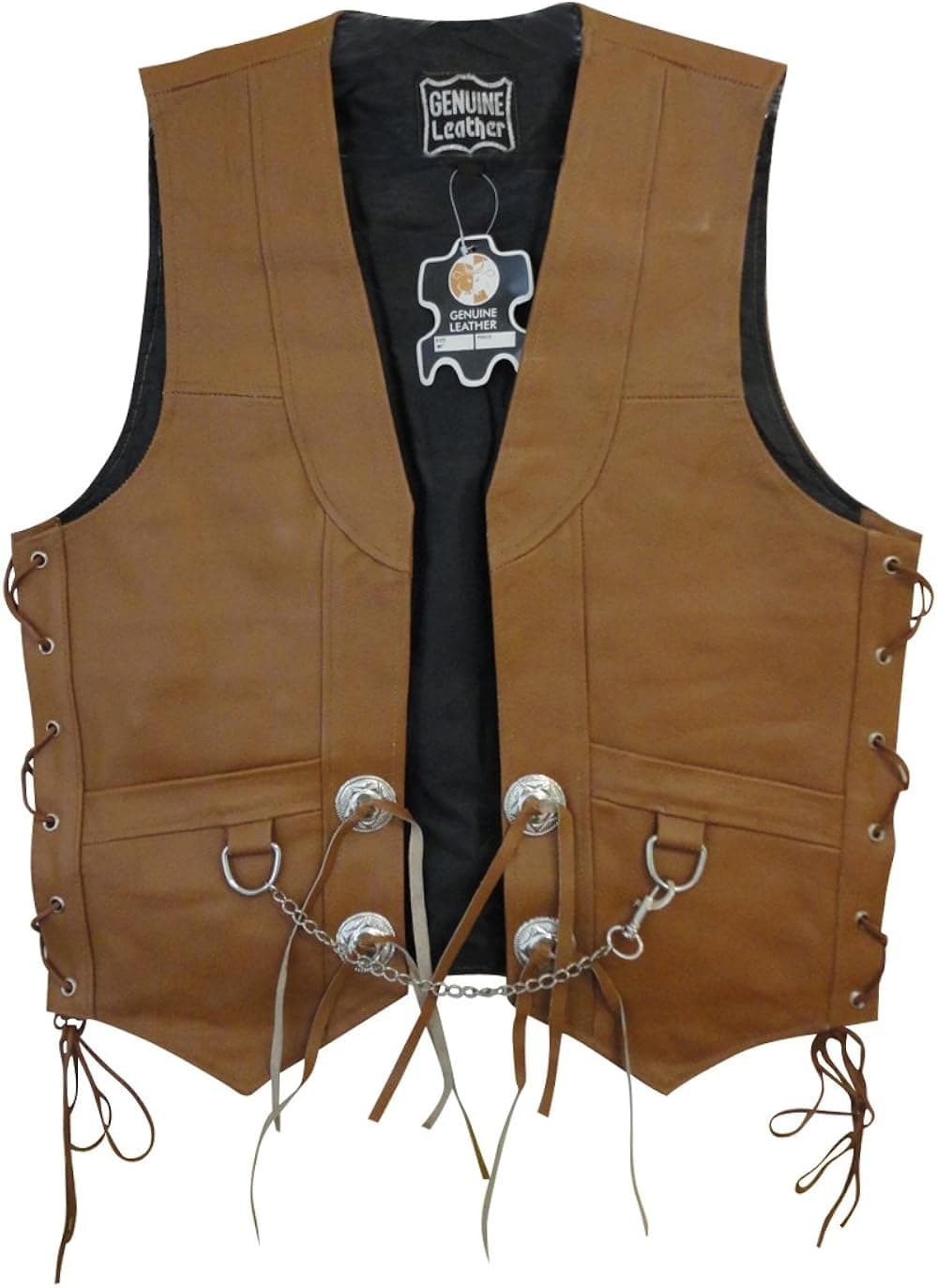 Men's Tan Leather Chain Conchos Biker Motorcycle Vest Lll-304t
