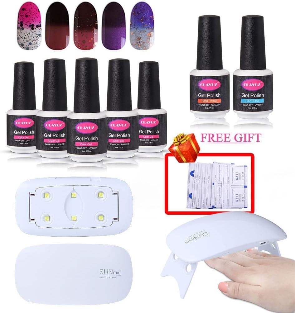 CLAVUZ Gel Nail Polish Set Soak Off Color Changing Nail Lacquer 5pcs 6W Nail Lamp with Top Base Coat 10pcs Remover Wipes Kit