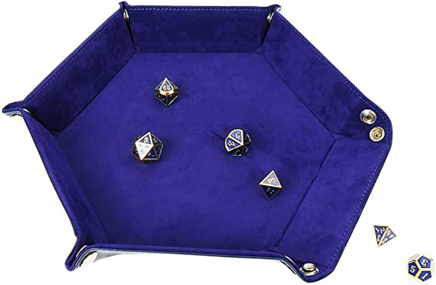 Kimairy DND Metal Dice Tray, Dice Mat Folding Hexagon Tray Leather Dice Holder Velvet Rolling Storage Tray for Dice Games RPG DND Other Table Games and Candy Holder Storage Box (Blue)