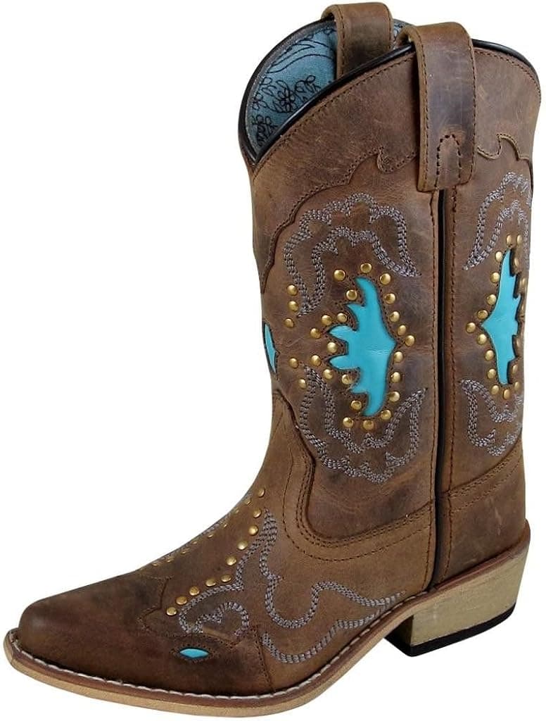 Smoky Mountain Girls' Moonbay Turquoise Inlay Cowgirl Boot Snip Toe Brown 2 D