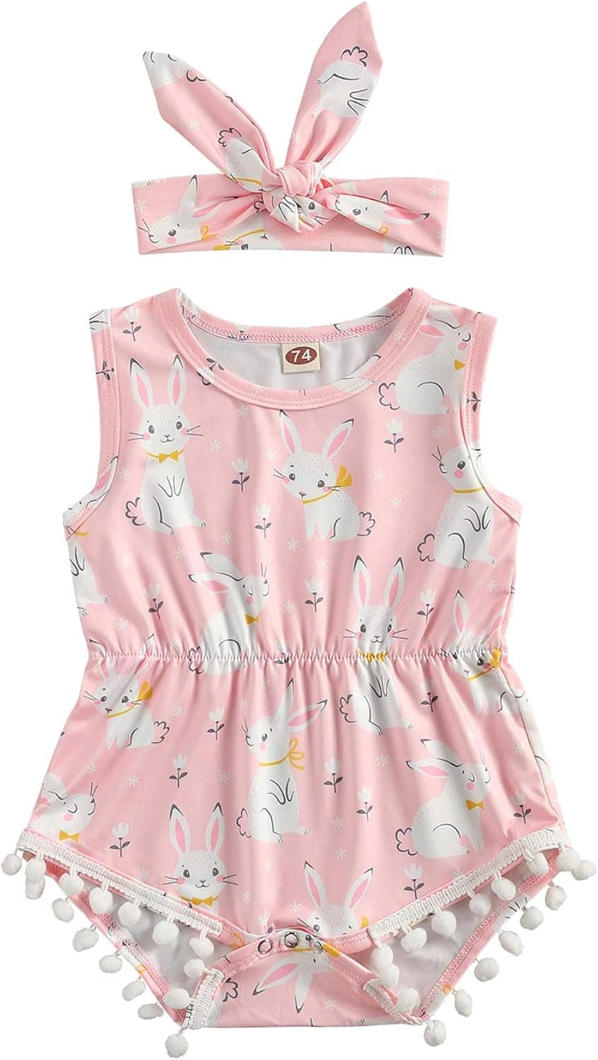 SHHA Baby Girl Easter Outfits Bunny Sleeveless Bodysuit Tassel Romper with Headband My First Easter Clothes
