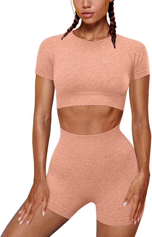 OYS Women's Yoga 2 Piece Outfits Workout Running Crop Top Seamless High Waist Sports Shorts Sets