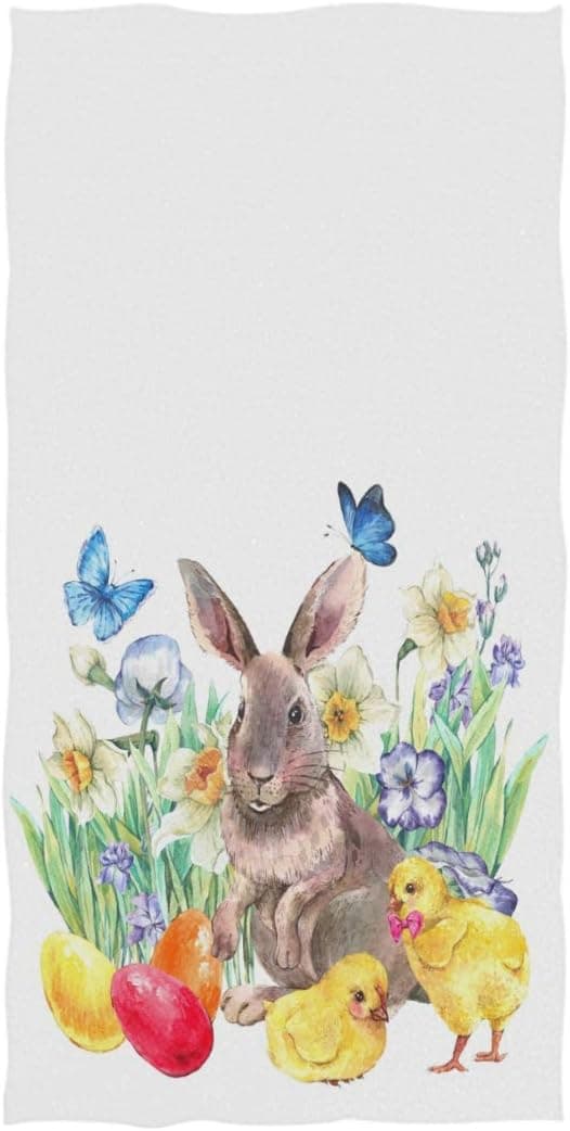 Naanle Easter Cute Bunny Colored Eggs Chickens Flowers and Butterflies Spring Pattern Soft Guest Hand Towels Multipurpose for Bathroom, Hotel, Gym and Spa (16" x 30",White)