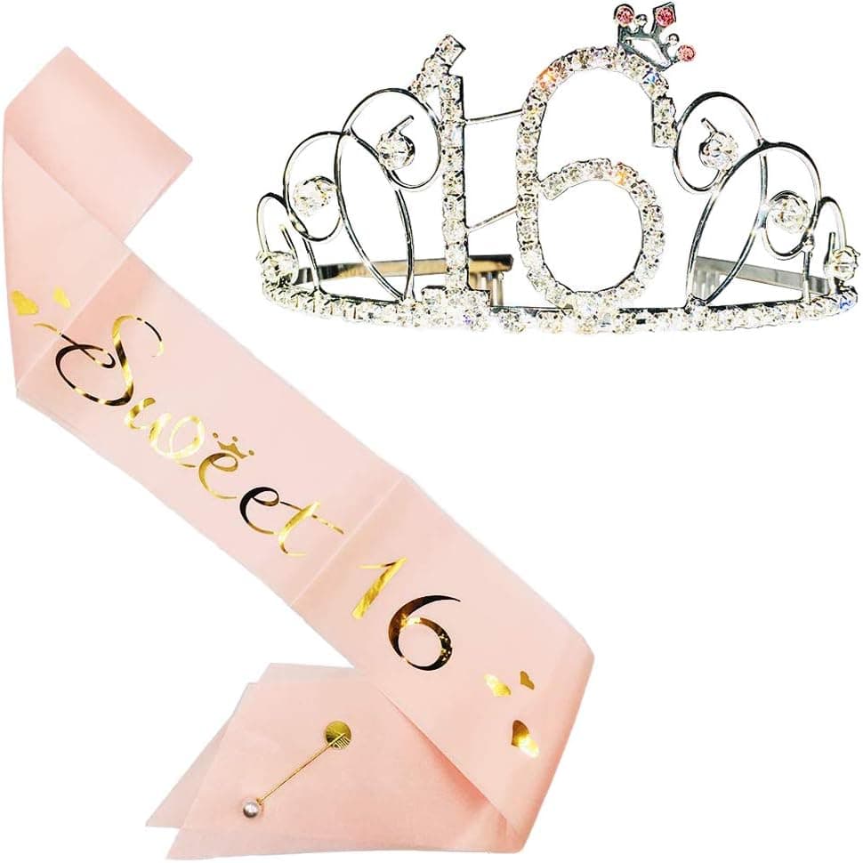 16th Birthday Party Supplies, 16th Birthday Tiara and Sash, Happy 16th Birthday Party Supplies, Sweet 16 Sash & Rhinestone Tiara Kit (Silver)
