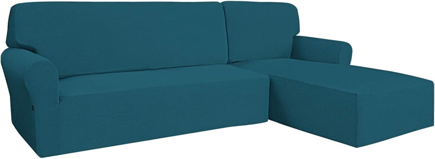 Easy-Going Stretch Sofa Slipcover 2 Pieces L-Shaped Sofa Cover Sectional Couch Cover for Living Room Jacquard Fabric Chaise Lounge Slipcover with Elastic Bottom for Dogs(X-Large,Peacock Blue)