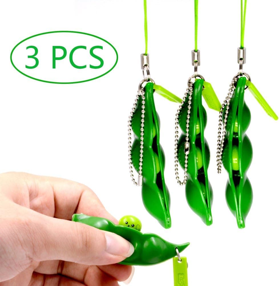LHI 3Pcs Puchi Puti Mugen Edamame Keychain Keyring Extrusion Bean Pea Soybean Fidget Toys Gift