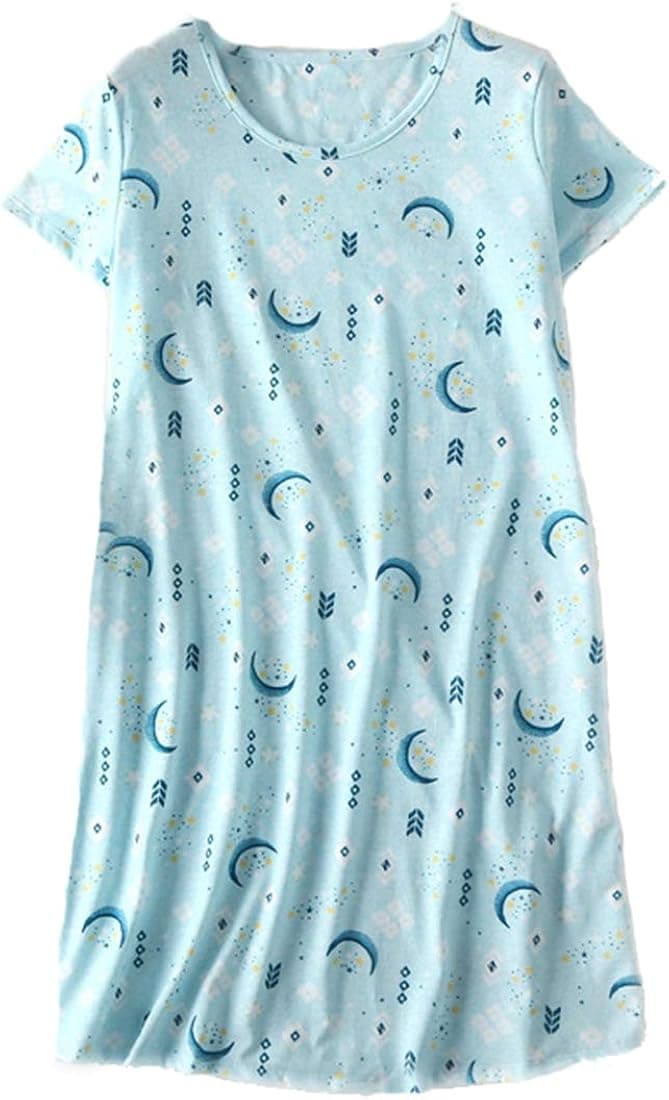 PNAEONG Women's Cotton Nightgown Sleepwear Short Sleeves Shirt Casual Print Sleepdress