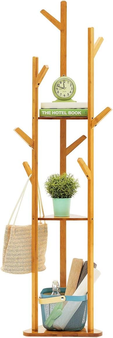 COPREE Bamboo Tree Garment Clothes Coat Hat Umbrella Portable Hanger Stand Rack with 3-Tier Storage Shelves and Hooks