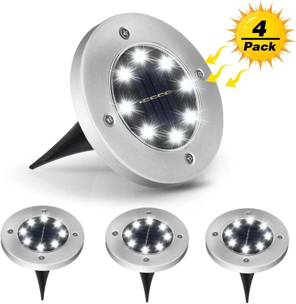 Addigital Solar Ground Lights - Disk Lights, 8 LED Solar Lights Outdoor Waterproof Garden Landscape Lighting for Pathway Patio Lawn Yard Deck Walkway Decorations 4 Pack White
