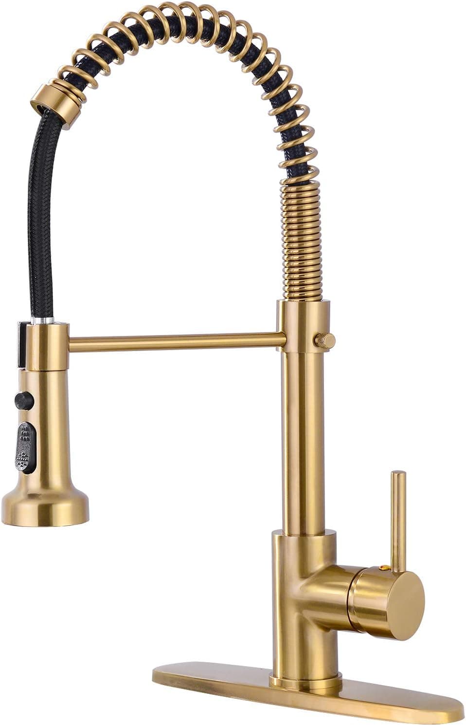 BZOOSIU Pull Down Sprayer Kitchen Faucet, Solid Brass Kitchen Sink Faucet with Deck Plate, Commercial Spring Single Handle Kitchen Faucet, Brushed Gold
