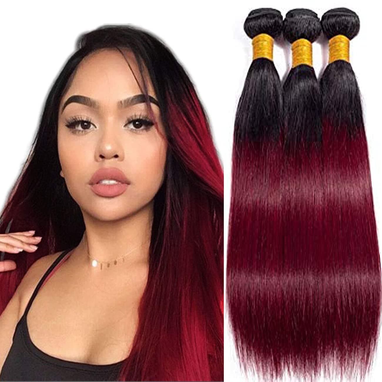 GEOU WIG Ombre Bundles Wine Red Tow Tone Hair 3 Bundle Hair Weave Double Weft Malaysian Virgin Hair Bundles 8A Grade Tangle Free Hair Bundles 26 28 30 inch