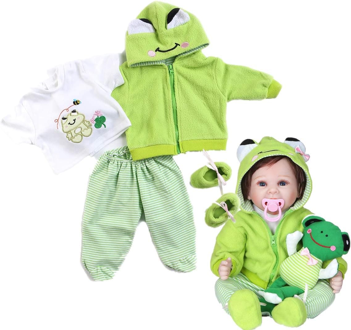 Pedolltree Reborn Baby Girl Boy Dolls Clothes 22 inch 4 pcs Sets Green Frog Outfit Fit 20-22" Newborn Dolls Clothes Accessories