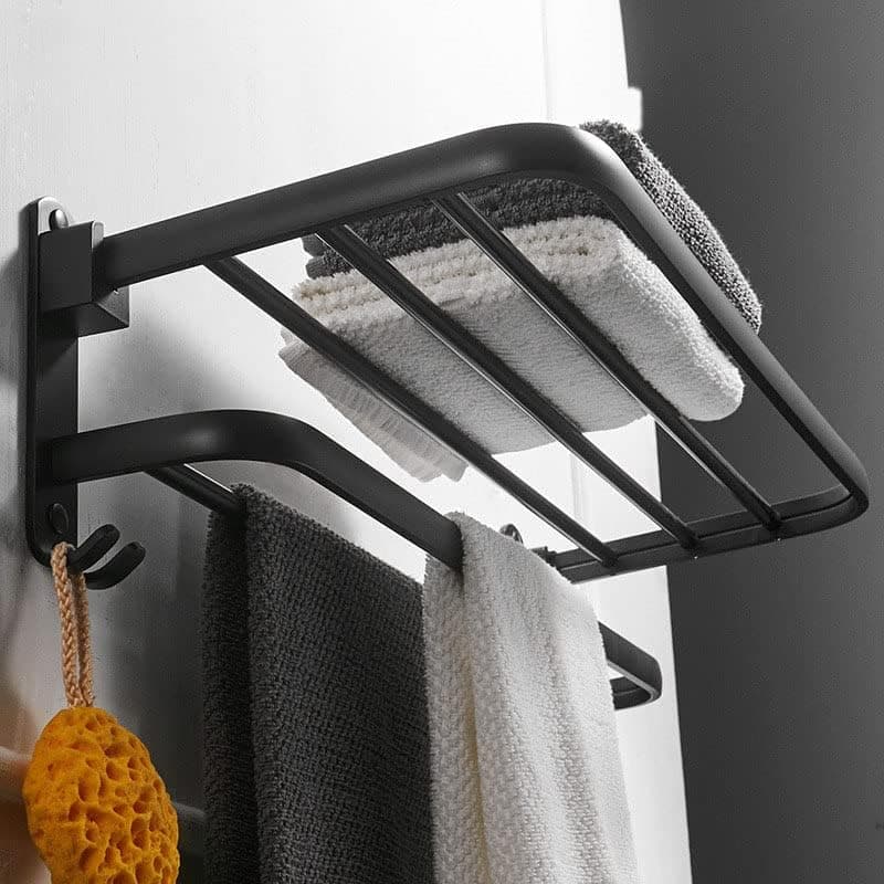 Kindream Bathroom Foldable Towel Rack Towel Bars and 2 Hooks 24inch for Bathroom Kitchen Balcony Space Aluminum Matte Breathable Black