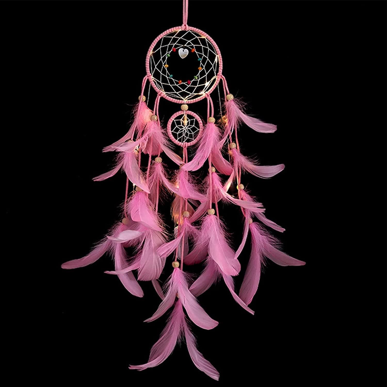 Wilkblck Dream Catcher Pink Feathers Dream Catcher with Love Heart Pendant, Girly Heart Room Decor, Dream Catcher Handmade Creative Home Ornament Craft Gift