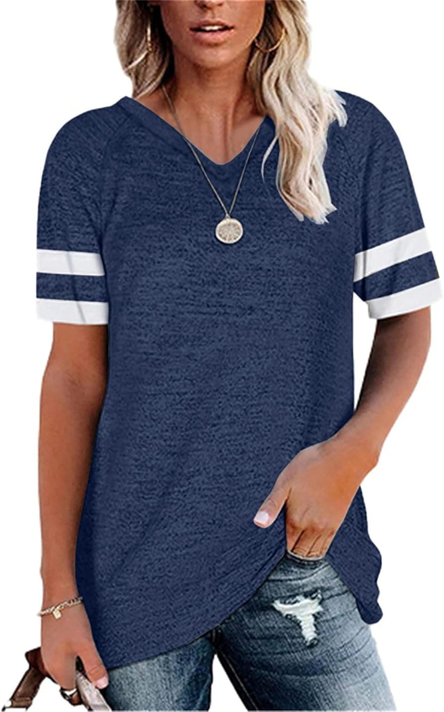 Aoysky Womens V Neck Short Sleeve Striped T Shirt Color Block Tunic Blouse Tops