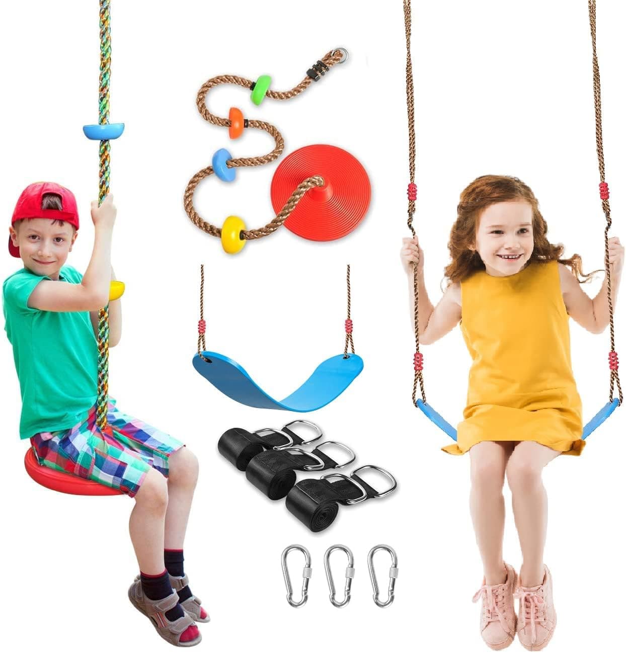 Bobibibo Swing Set 2 Pack Swings Seats Tree Climbing Rope Swing Multicolor with Platforms, Outdoor Toys for Kids Ages 3+, Outside Playground Backyard Swingset Accessories with 5Ft Strap and Hook