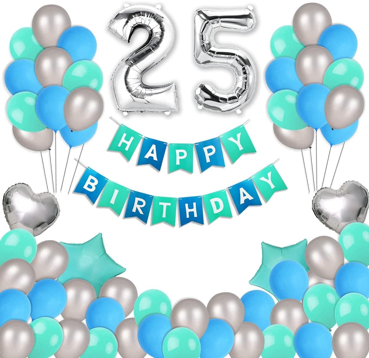 JOEVOT 25th Birthday Decorations, 25 Birthday Decoration Set 71pcs Party Supplies for Women, 25 Birthday Party Supplies for Her include Latex Balloons, Star and Heart Foil Balloons, Happy Birthday Banner