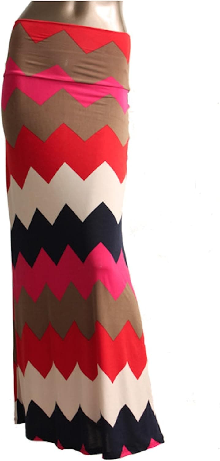 Women's Poly Span Multi-Color Chevron Print Maxi Skirt (M, Blk.Wht.Red.Fuchsia E16)