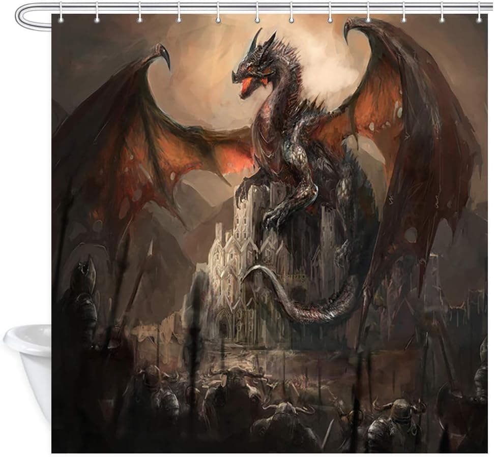 JAWO Fantasy Shower Curtain, Gothic Dragon on Castle, Polyester Fabric Bath Curtains Set with Hooks 69W X 70L Inches