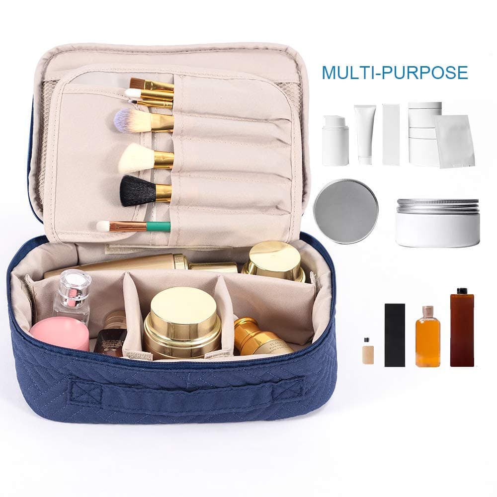 WEIBIN Travel Makeup Bag,Toiletry Bag, Cosmetic Organizer with Adjustable Dividers and Brushes Holder for Purse,Makeup Case Zipper Pouch for Women and Girl-Dark Blue