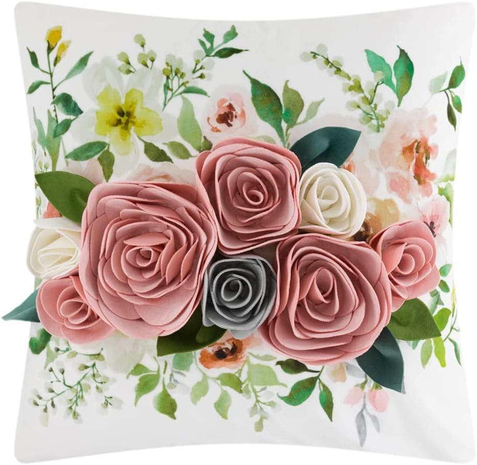 OiseauVoler Decorative 3D Flower Throw Pillow Covers Accent Floral Pink Pillowcases for Couch Bed Home Living Room Farmhouse Decor 18x18 Inch