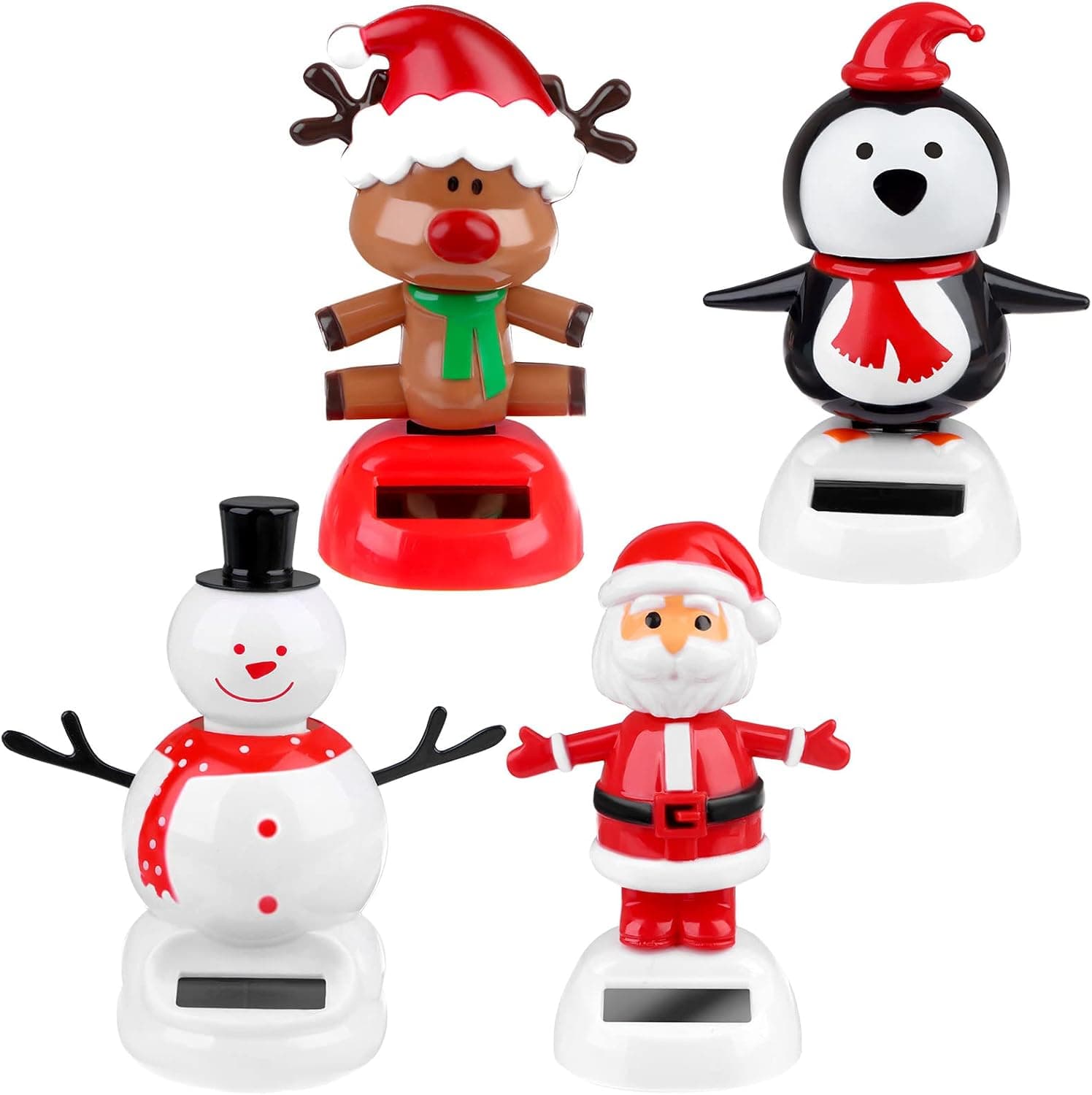 4 Pack Christmas Solar Powered Dancing Toys Car Shaking Head Dancer Doll Elk Santa Snowman Penguin Swing Figurines Car Windowsill Decor Christmas Toys Gift for Car Dashboard Office Home Desk Decor