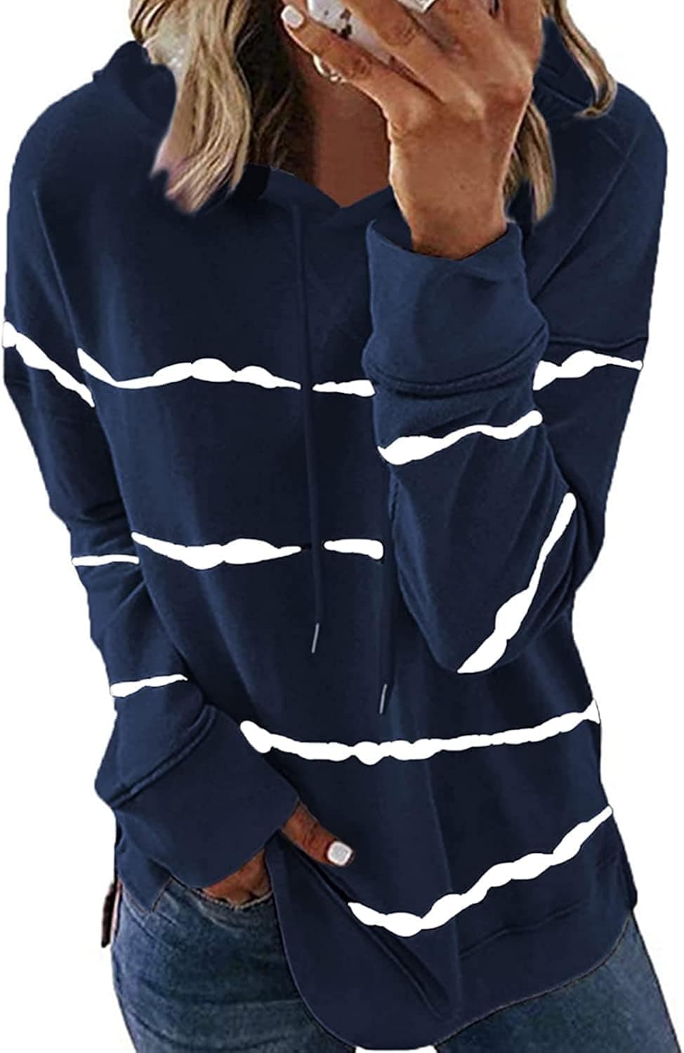 Biucly Womens Casual Hoodies Striped Printed Sweatshirts Long Sleeve Shirts Drawstring Pullover Tops